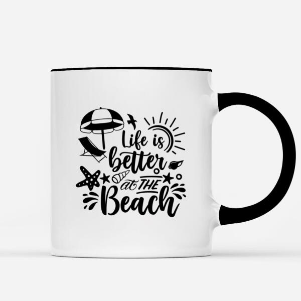 Couple mug with custom cliparts and life is better at the beach quote and other quotes