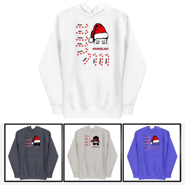 Custom Christmas Sweatshirts Messy Bun with Candies | Mama Claus Sweatshirt with Custom Kids Names