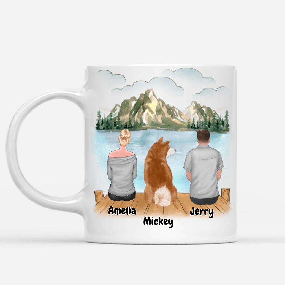 Custom Couple & Pet Mug: Create Your Love Story - Personalize with Names, Breeds & Up to 2 Pets Cats or Dogs or both