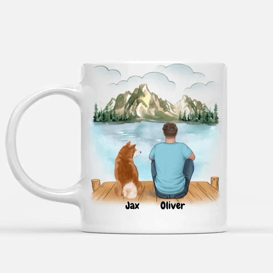 White ceramic personalized coffee mug featuring a custom illustration of a man and his dog sitting on a wooden dock overlooking a scenic mountain lake. Includes pet name customization, making it a perfect gift for pet lovers and dog owners. Dishwasher and microwave safe. Order now!