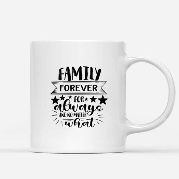 White ceramic coffee mug featuring the heartfelt quote "Family Forever For Always And No Matter What" in stylish black typography. A perfect gift for family members, grandparents, and loved ones to celebrate unbreakable bonds. Microwave and dishwasher safe. Order now!