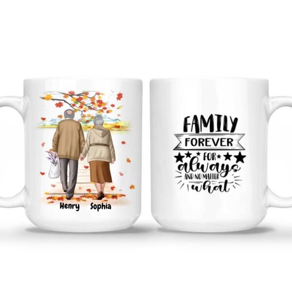 White ceramic personalized coffee mug set featuring an illustration of an elderly couple walking hand in hand under autumn leaves, symbolizing love and companionship. The second mug displays the heartfelt quote "Family Forever For Always And No Matter What." A thoughtful and sentimental gift for grandparents, anniversaries, or special occasions. Dishwasher and microwave safe. Order now!
