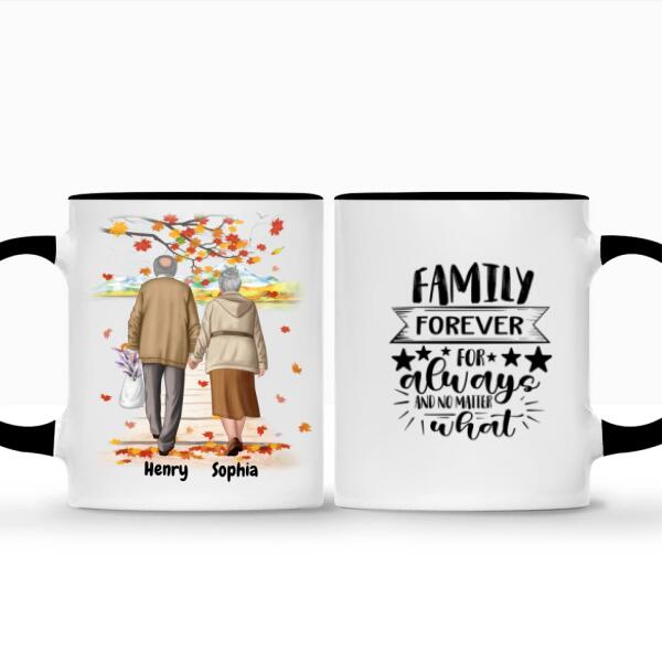 Custom ceramic coffee mug set with black handles and rims, featuring a personalized illustration of an elderly couple walking hand in hand under autumn leaves, symbolizing lifelong love. The second mug showcases the quote "Family Forever For Always And No Matter What." A sentimental and meaningful gift for grandparents, anniversaries, or special occasions. Microwave and dishwasher safe. Order now!