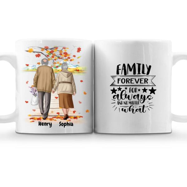 White ceramic coffee mug set featuring a personalized illustration of an elderly couple walking hand in hand under autumn leaves, symbolizing love and lifelong companionship. The second mug includes the heartfelt quote "Family Forever For Always And No Matter What." A perfect sentimental gift for grandparents, anniversaries, or special occasions. Microwave and dishwasher safe. Order now!