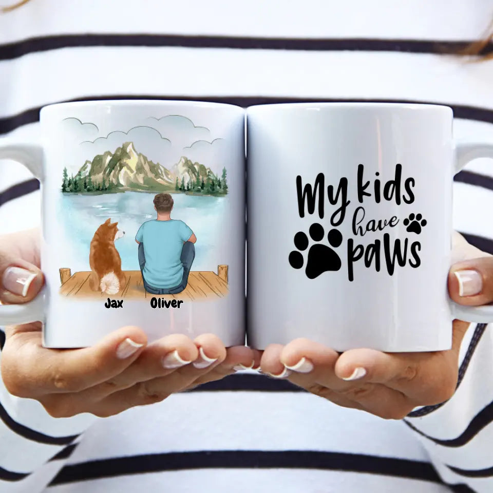  Personalized pet and owner coffee mug – custom dog and owner gift featuring a man and his dog sitting by a scenic lake. Add pet names, breeds, and quotes. Perfect for dog lovers, pet parents, and unique gifts. Dishwasher & microwave safe. Shop now!