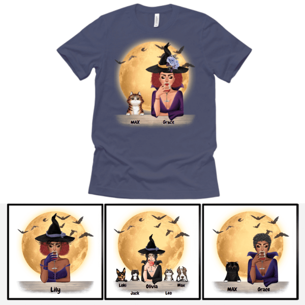 Halloween Witch with Cats/Dogs - Up to 4 Pets | Customizable Woman Halloween T-shirt